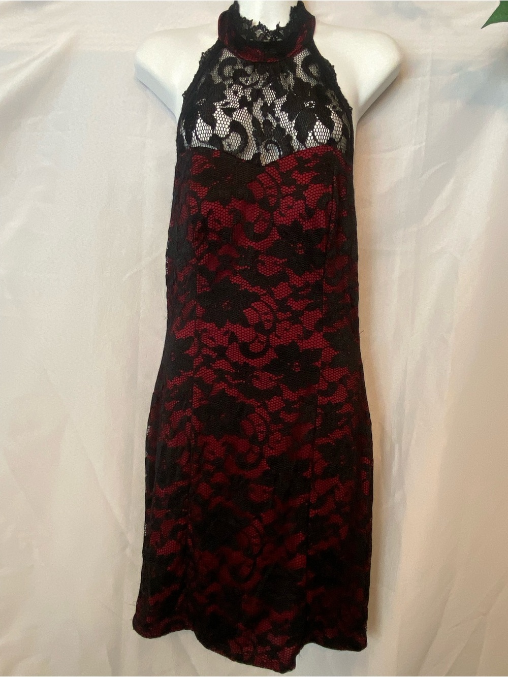 Papaya Red Lining with Black Lace Overly Backless High Neck Halter Mini Dress